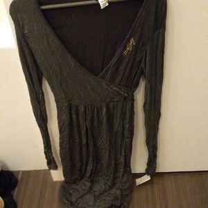 Miss Sixty Green Plunge Neck Bishop Sleeve Dress